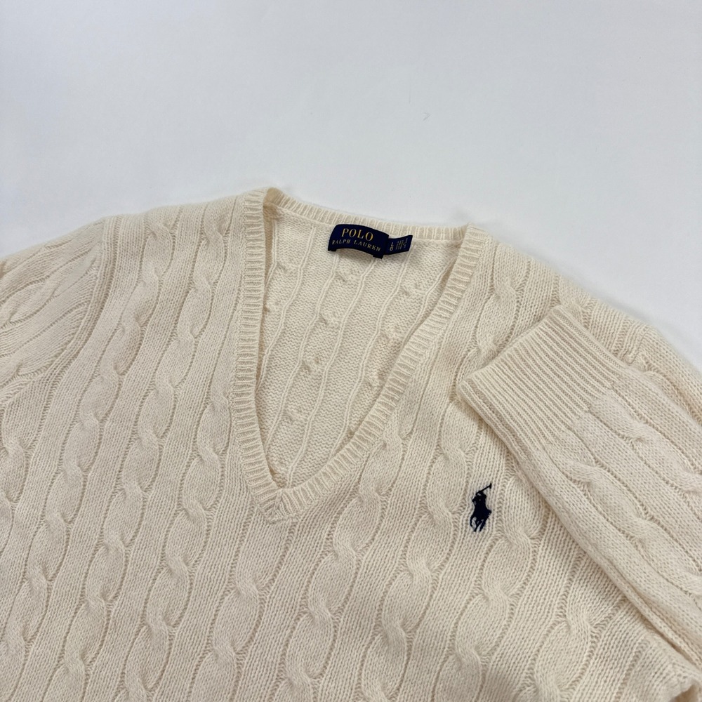 Polo Ralph Lauren Sweater Womens Large Cable Knit V Neck Merino Wool Cashmere